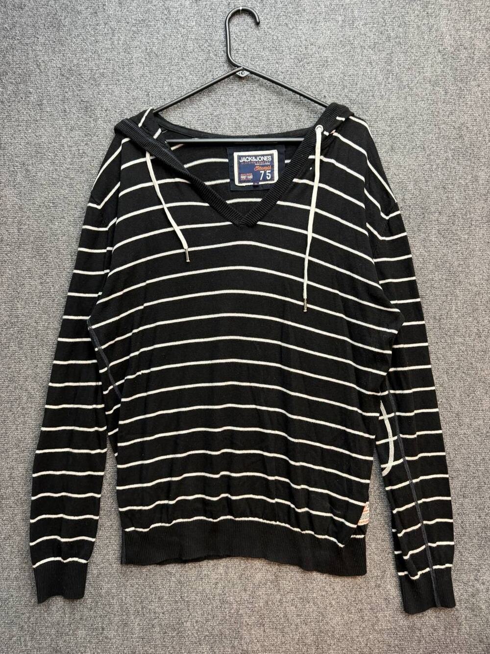 Jack & Jones Men's Black White Striped V-Neck Hooded Sweater Size XL